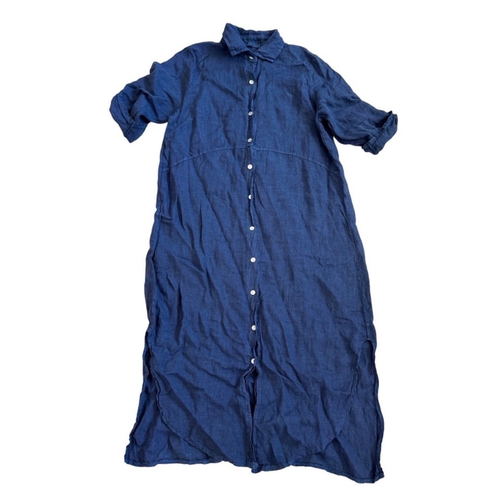 Meo Meli Italian Linen Button Front Maxi Dress Roll Tab Sleeve Navy Blue XL Boho